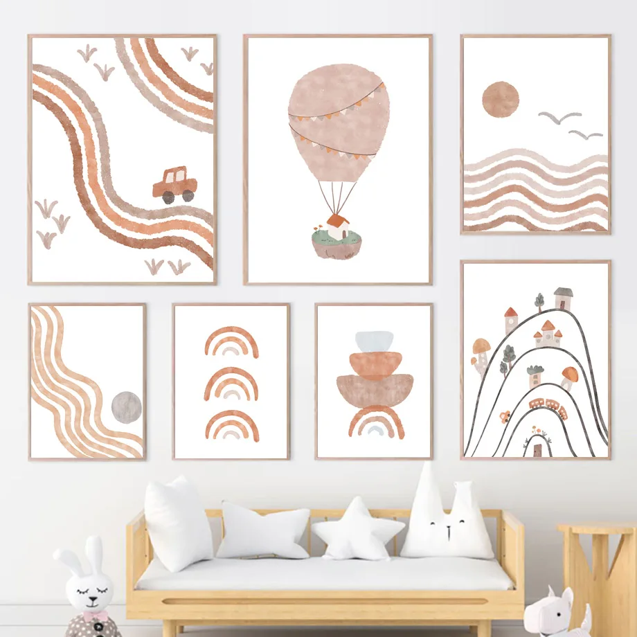 

Boho Sun Wave Hot Air Balloon Arched Car Rainbow Nursery Art Canvas Painting Nordic Posters Prints Wall Pictures Kids Room Decor