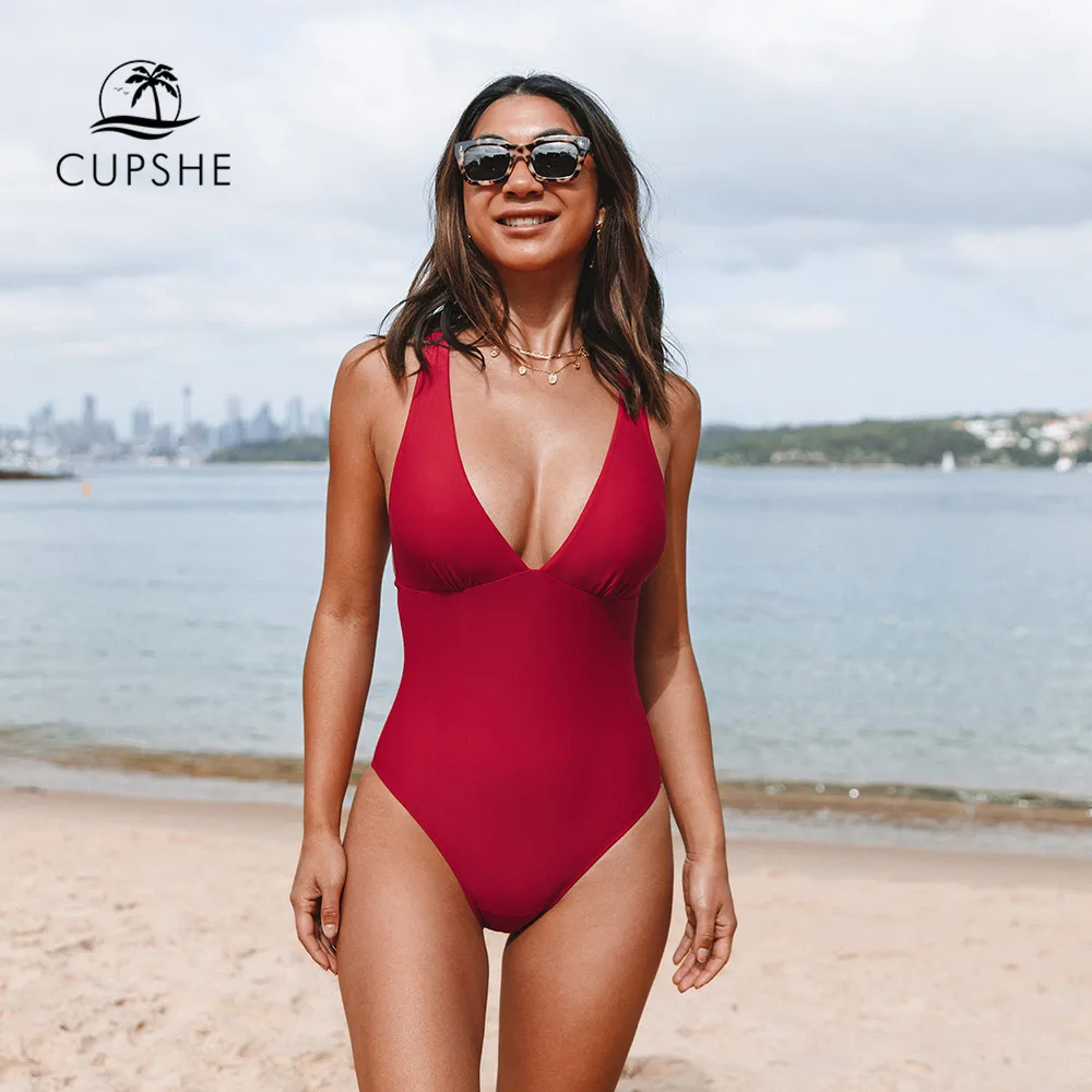 

CUPSHE Red V-neck Back Tie One-Piece Swimsuit For Women Sexy Backless Monokini Swimwear 2022 Bathing Suit Beachwear