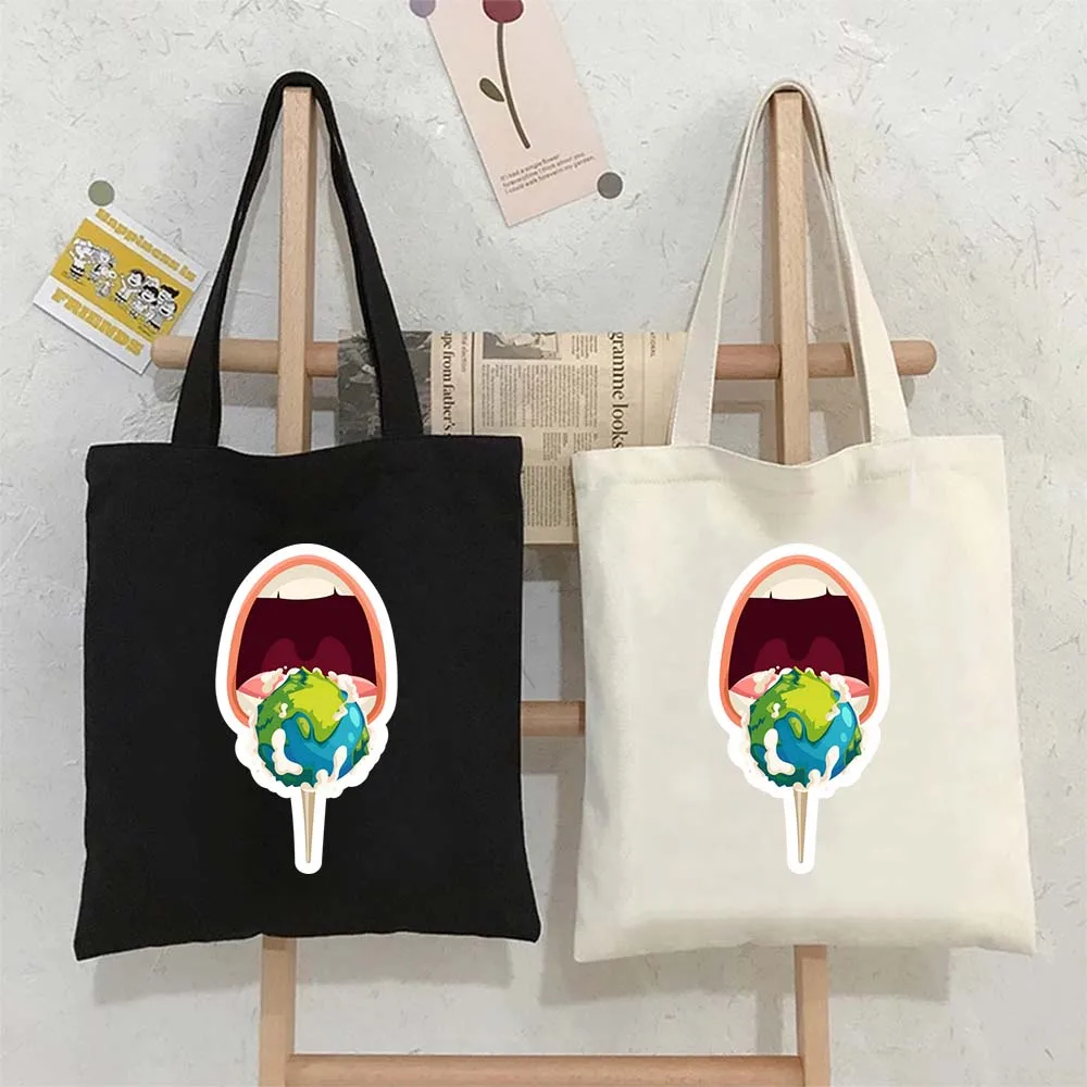 

Tote Bags for Women Mouth and Planet Candy Sticker Cute Cartoon Art Printed Large Canvas Shoulder Reusable Shoppers Handbags