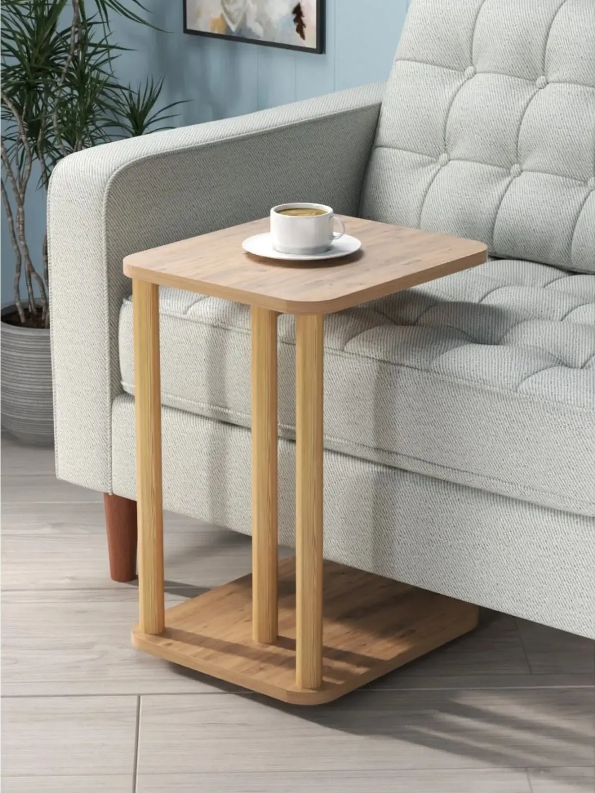 

Multifunctional C Shaped Wooden Wheel Side Table for Living Room Home Modern Tea Coffee Serving Table Furniture