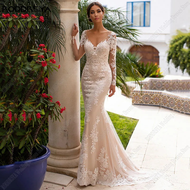 

RODDRSYA Champagne Mermaid Wedding Dresses Lace Long Sleeves Vestidos De Noiva Mariage Illusion Applique Backless Bridal Gowns