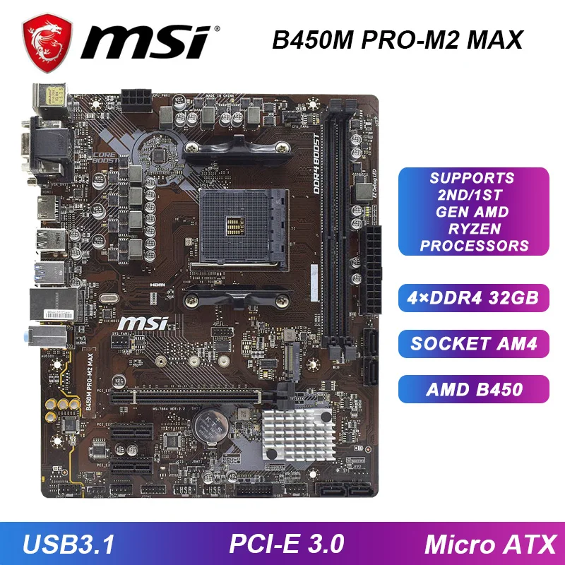 

MSI B450M PRO-M2 MAX B450 Motherboard AM4 Motherboard Support Ryzen 5 5600g 5600x Cpus DDR4 64G PCI-E 3.0 VGA HDMI M.2 Micro ATX