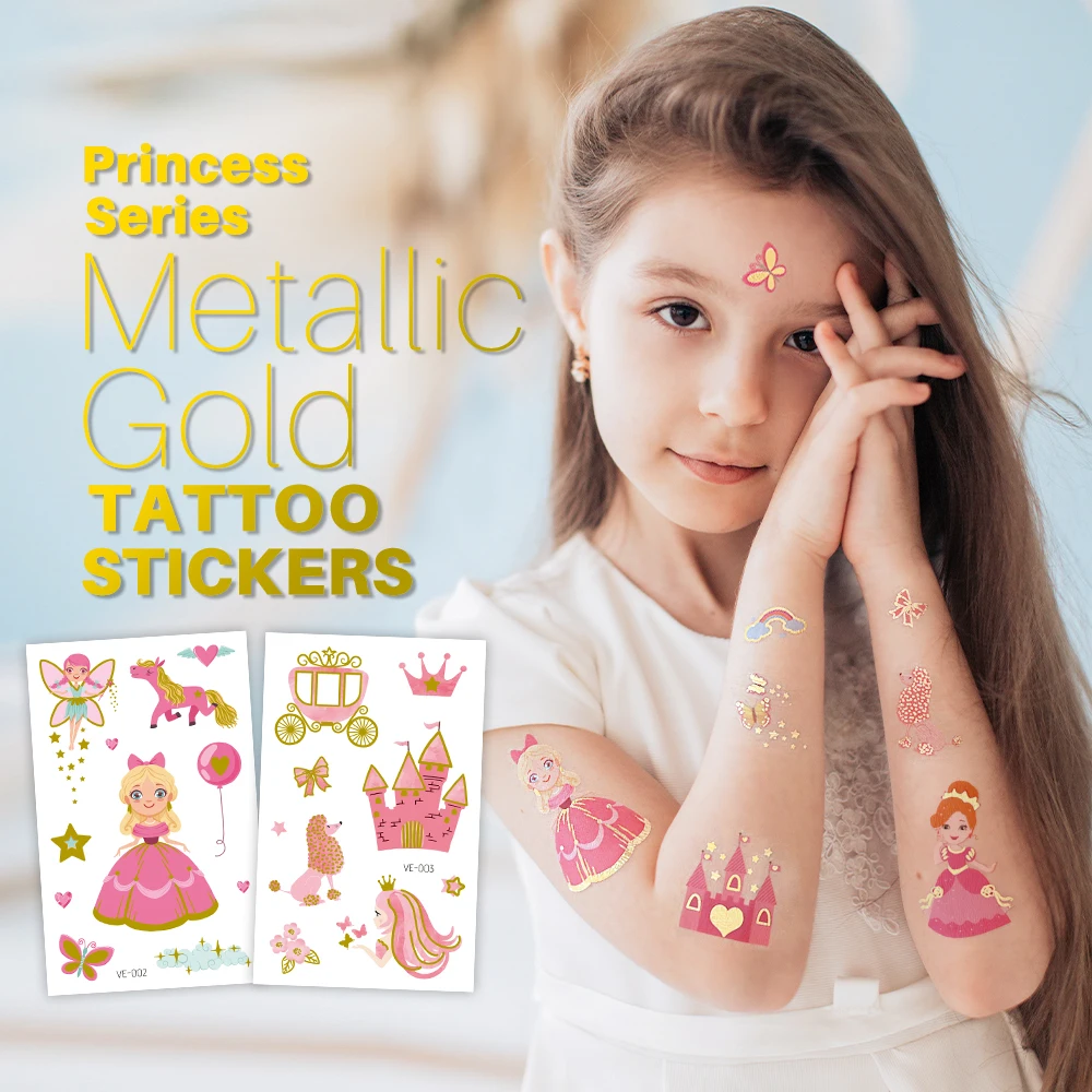 

Милая поддельная татуировка для детей, золотые блестящие Мультяшные принцессы, временные Детские татуировки, руки, маленькие боди-арт, тату...