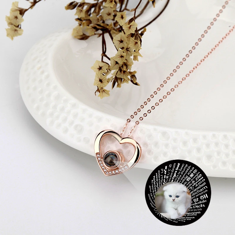 925 Silver Photo Projection Necklace Built In 100 Languages 