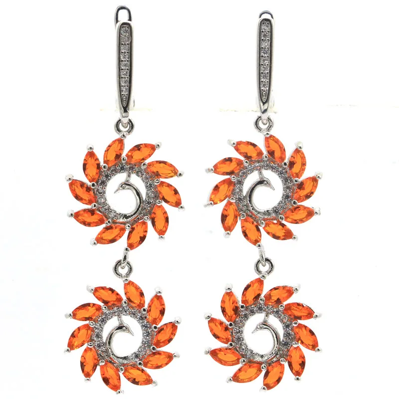 

54x17mm Gorgeous Orange Spessartine Garnet London BlueTopaz CZ Women Dating Bride Engagement Silver Earrings