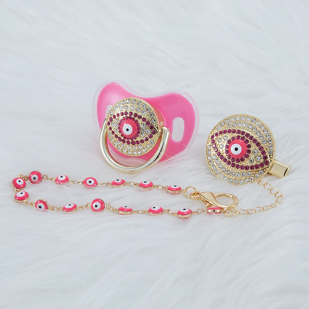 MIYOCAR pink Bling evil eye pacifier and clip set pacifier chain holder bling colorful sweet evil eye pacifier