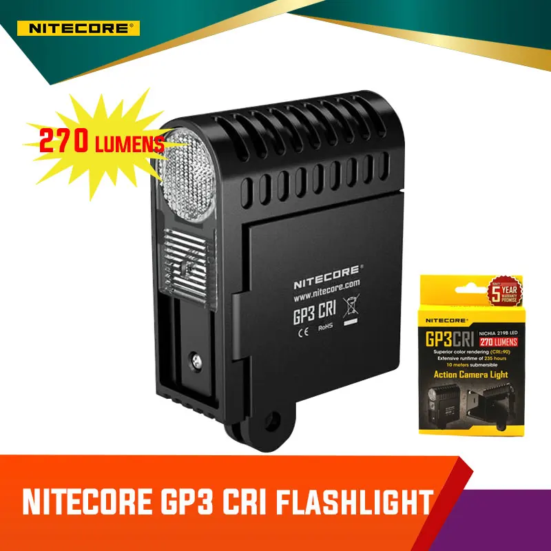 

Nitecore GP3 CRI 270 Lumens USB Rechargeable Compact Action Camera Light Utilizing Nichia 219B LED Uses 1180mAh Li-ion Battery