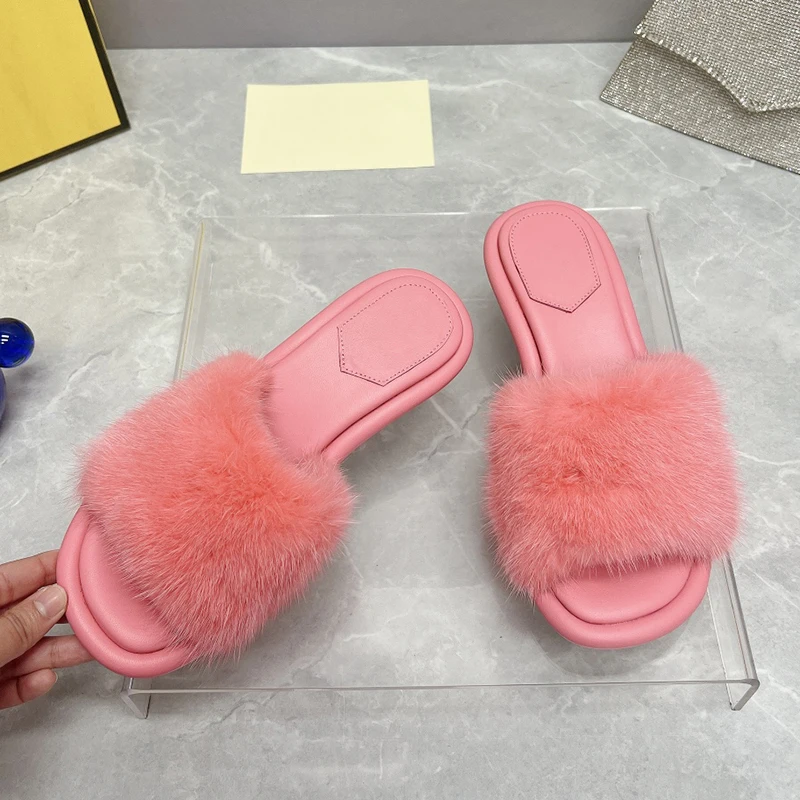 

2023 Luxury Metal Heel Mink Wool Sandals Women Fashion Slippers Outer Wear Soft Sheepskin Mid Heel Unique Design Women's Shoes