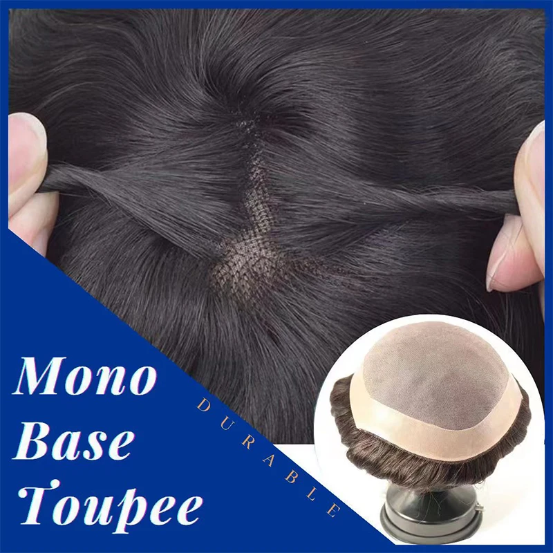 Mono Men Toupee Durable Male Hair Prosthesis Natural Human Hair Replacement System Unit Man Hairpiece Men Wig 130% Density images - 6