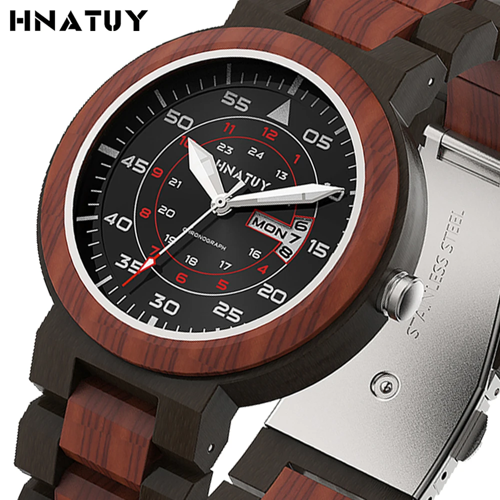 

HNATUY Wooden Watch Men Luminous Quartz Watches Hands Fashion Casual Solid Wood Strap Husband Anniversary Gift Relogio Masculin