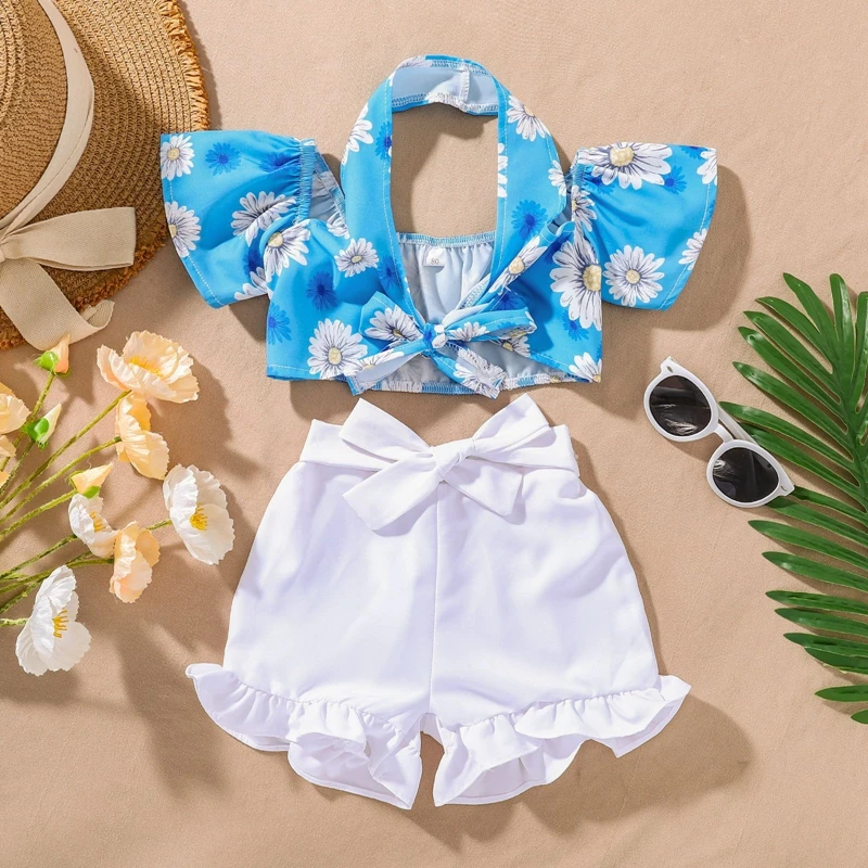 

Girls' Halter Neck Set Fashion Kids Flower Daisy Crop Top + Solid Ruffle Shorts 2pcs New Girls' Outfits Toddler Costume Sets 5T