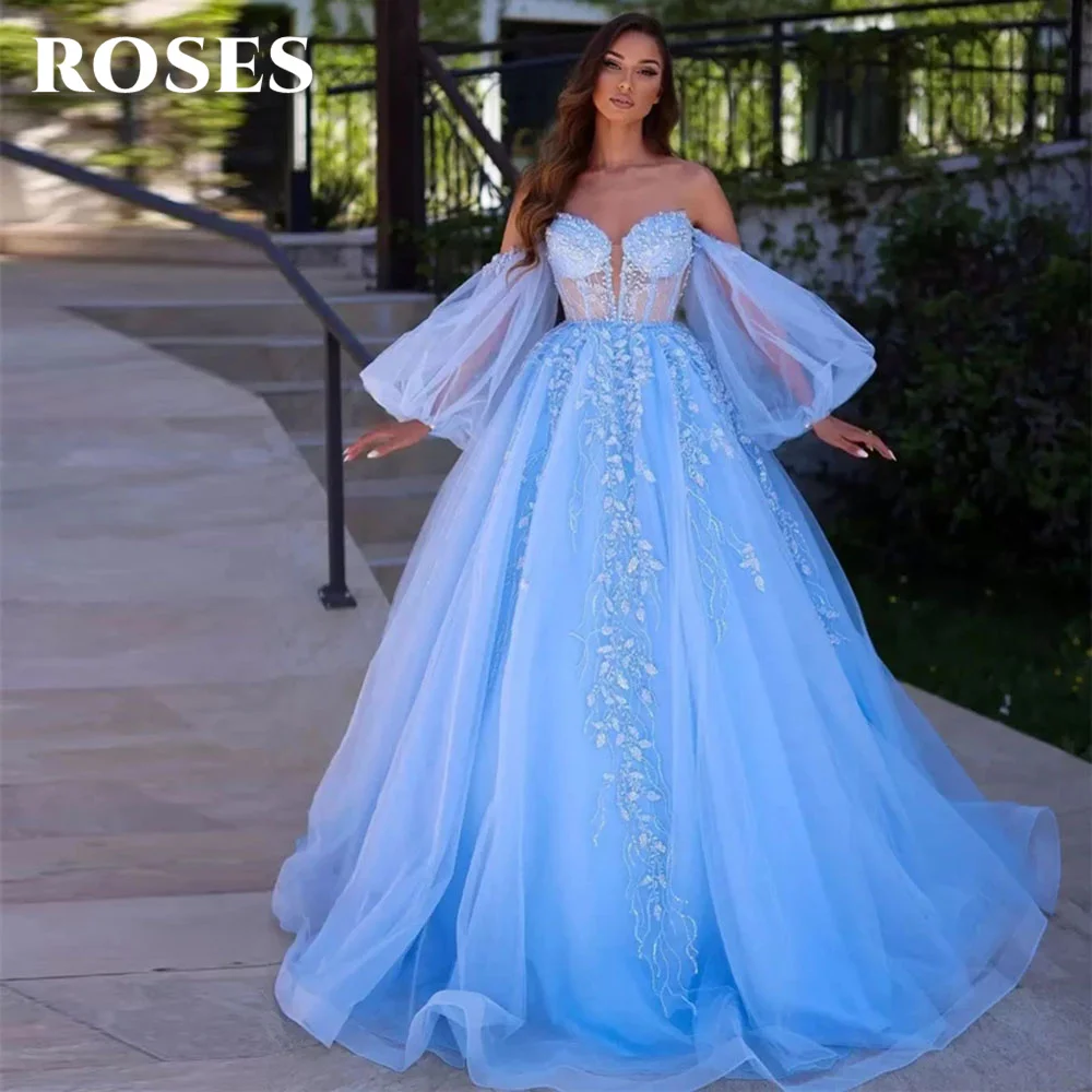 

Charming Sky Blue Shiny Appliques Beaded Prom Dress Detachable Puff Sleeves Tulle Ball Gowns Corset Princess Evening Gown