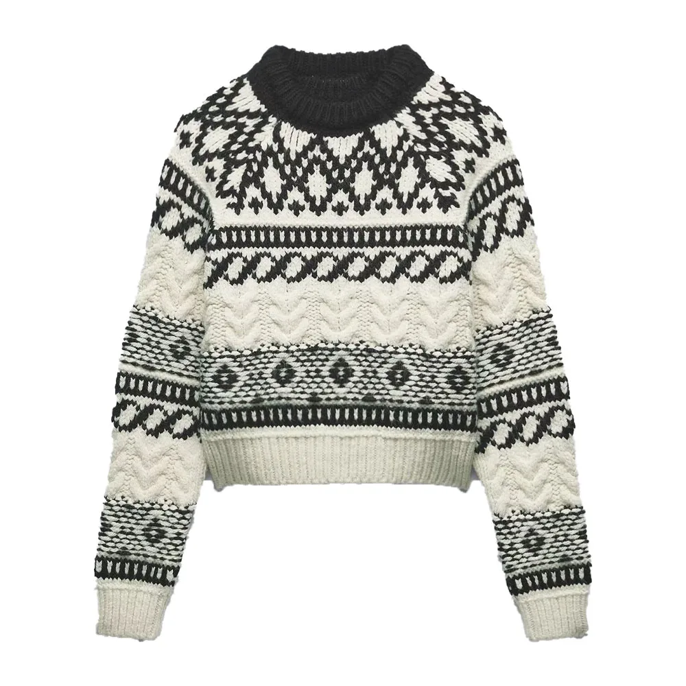 

Свитер женский жаккардовый стрейчевый с круглым вырезом и длинными рукавами