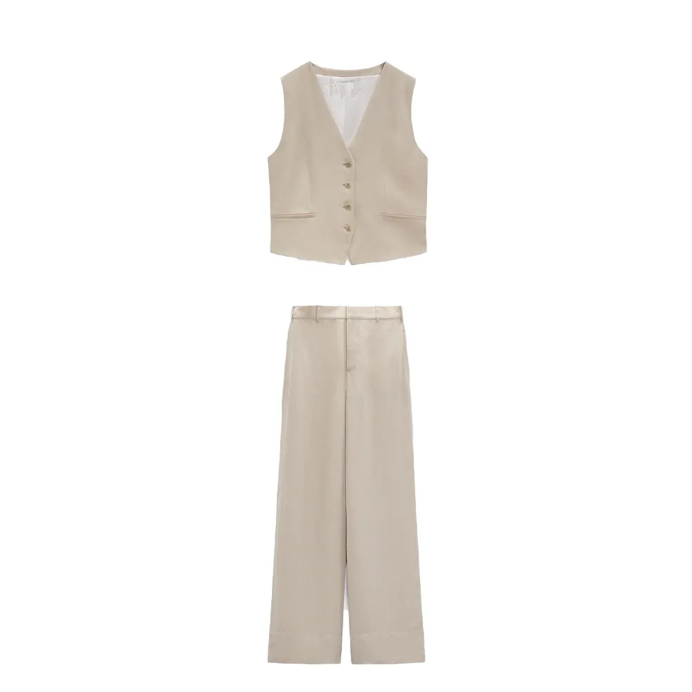 

Zach AiIsa new women's V-neck sleeveless slim classic section tank top + elastic waist draping high waist casual wide leg pants