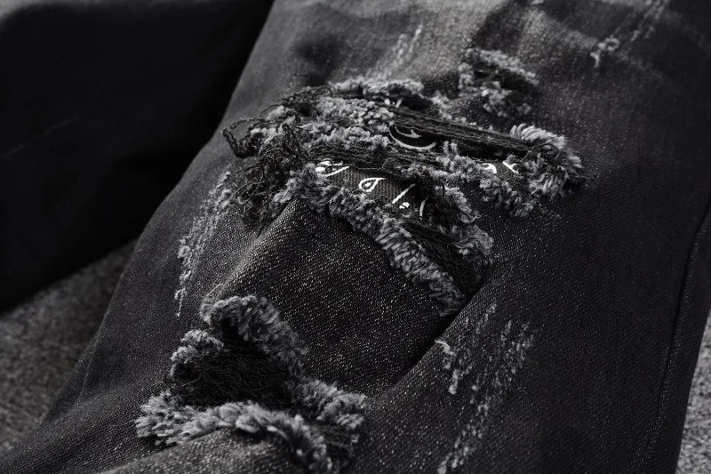 New Quality Men Black Distressed Skinny Stretch Pant Streetwear Tie Dye Bandana Patchwork Destroyed Slim Fit Denim Jeans Hombres