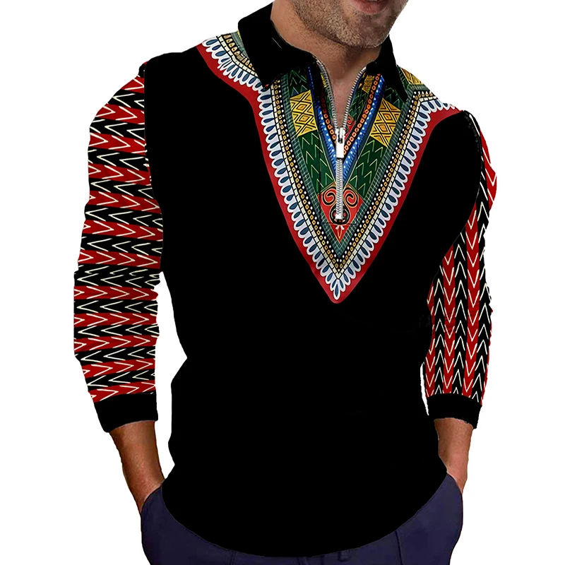 New Folk-custom African Print Polo Shirt Men Clothing Fashion Long Sleeve Lapel Blouse T-shirts Business Casual Men Polo Tops