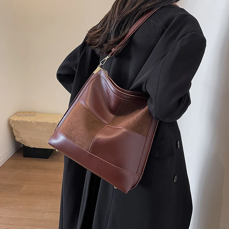 

Shoulder Bags for Women Large Capacity Shopping Bag Patchwork Zipper PU Leather Bag Lady Travel Tote Handbag