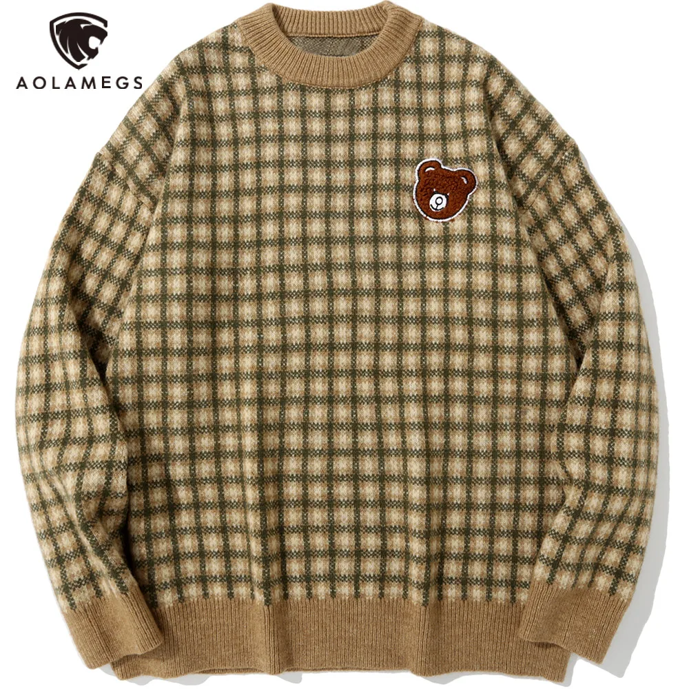 

Aolamegs Men's Oversized Sweater Plaid Bear Graphic Long Sleeves Pullover Autumn Casual Tops Hip Hop Unisex Fashion Streetwear