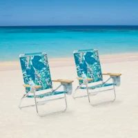 2-Pack Wood Arm Reclining Comfort Height Beach Chair, Green Palm