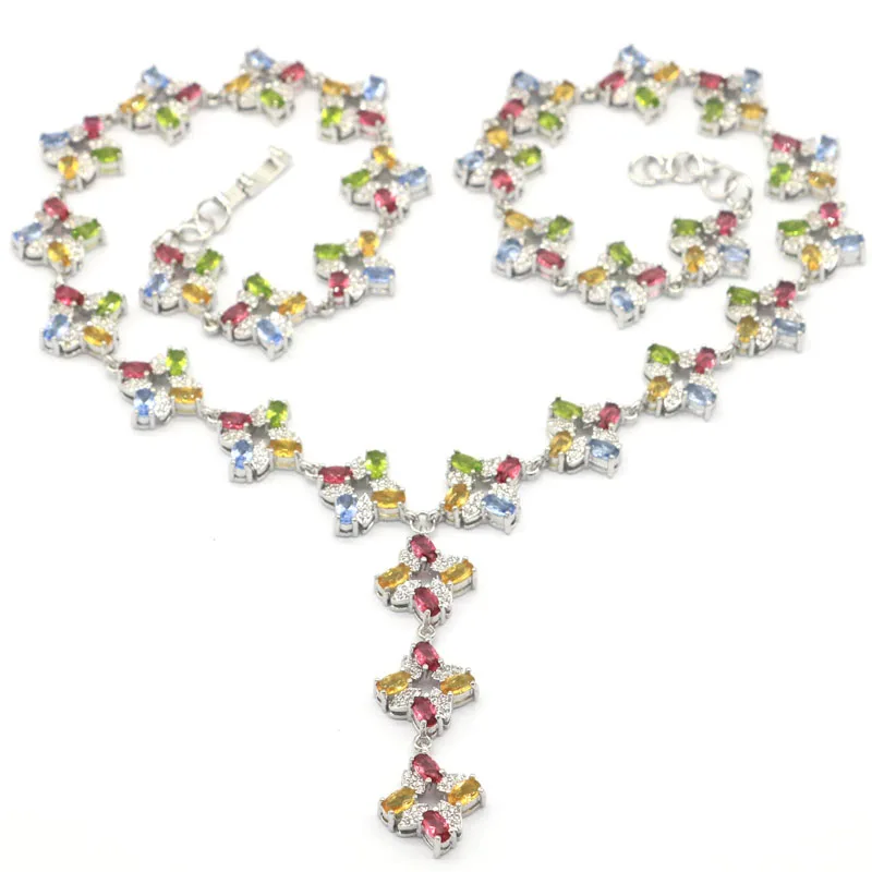 

52x15mm Multi Color 43.1g Garnet Golden Citrine Green Peridot Pink Kunzite CZ Bride Wedding Dating Silver Necklace 17-18inch