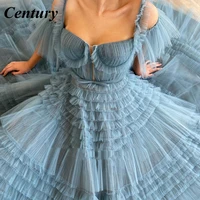 century blue long prom dress sweetheart crumpled tulle ruffles evening dresses off shoulder tiered a line party dresses bow belt