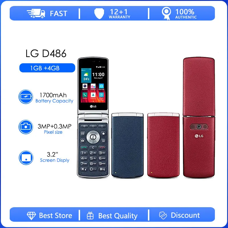 LG Wine Smart LG D486 Refurbished-Original Unlocked Quad Core 3.2 Inches 1GB RAM 4GB ROM LTE flip phone 3.15MP Camera with Hebre