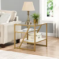 Golden/Black Side Table End Table W/Storage Shelf Tempered Glass Coffee Table Metal Frame for Living Room&Bed Room[US-Stock]