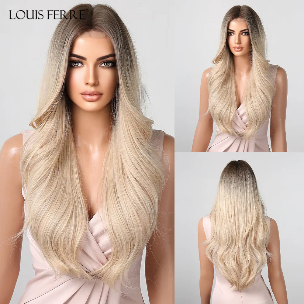 

LOUIS FERRE Long Blonde Body Wave Synthetic Wigs Ombre Light Blonde Heat Resistant Wig Middle Parting Natural Hairline Fake Hair