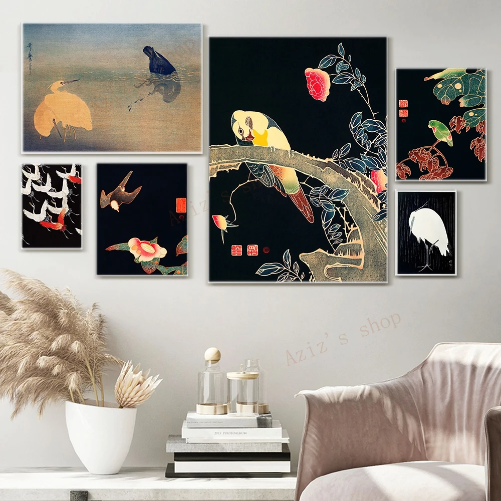 Японская птичья художественная печать Попугай Цапля Летящий журавль Стремительная картина на холсте Стена Ретро минималистичный постер Домашний декор.