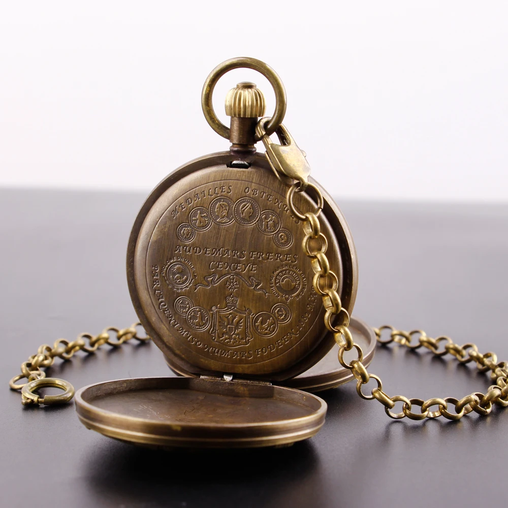 Antique Vintage Train Engraved Mechanical Pocket Watch Necklace For Men Women Half Hunter 2 Sides Open Case Hand Wind Fob Watch
