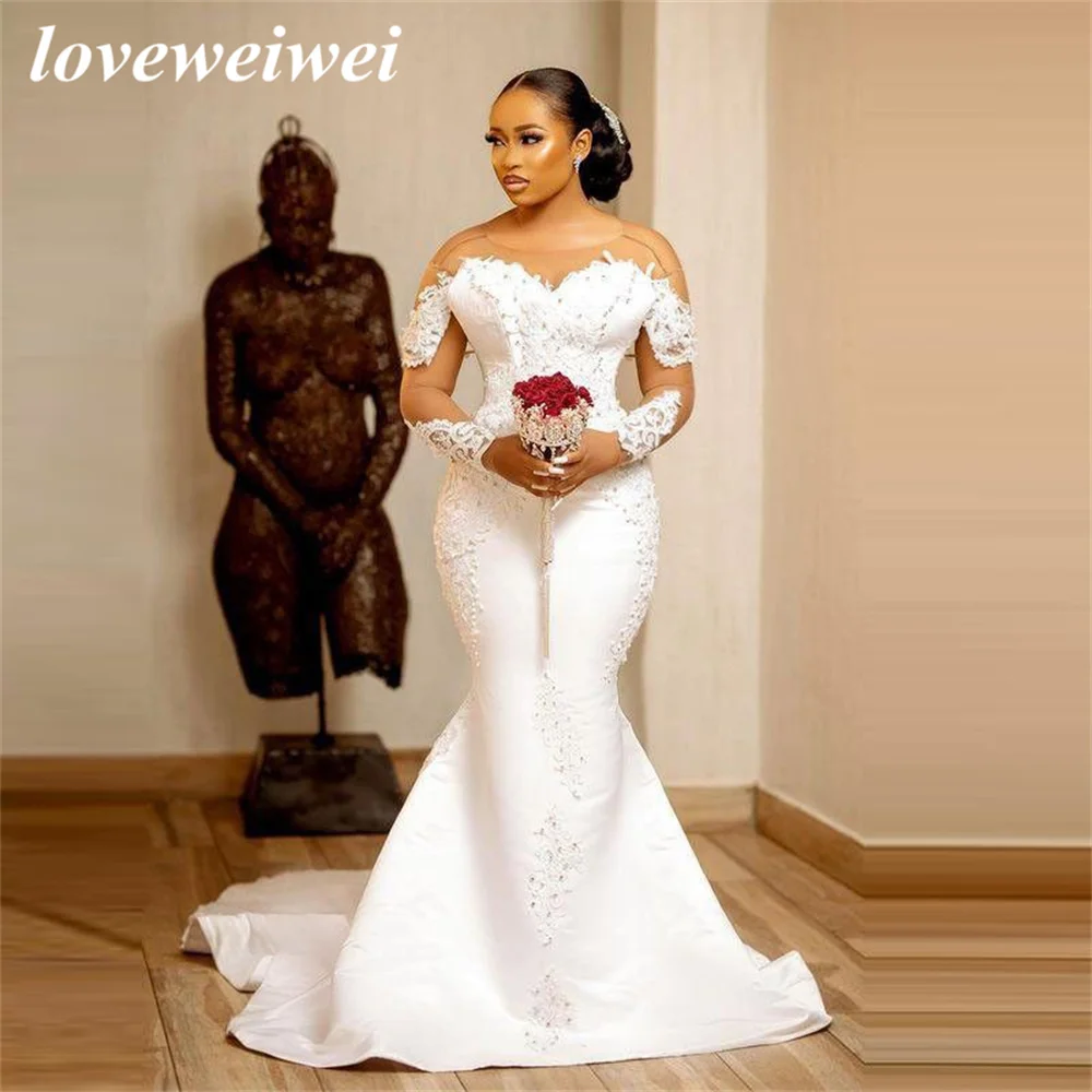 

Loveweiwei Ivory Mermaid Wedding Dress With Sheer Neck Illusion Long Sleeves Bridal Dress Lace Appliques Pearls Vestido De Noiva