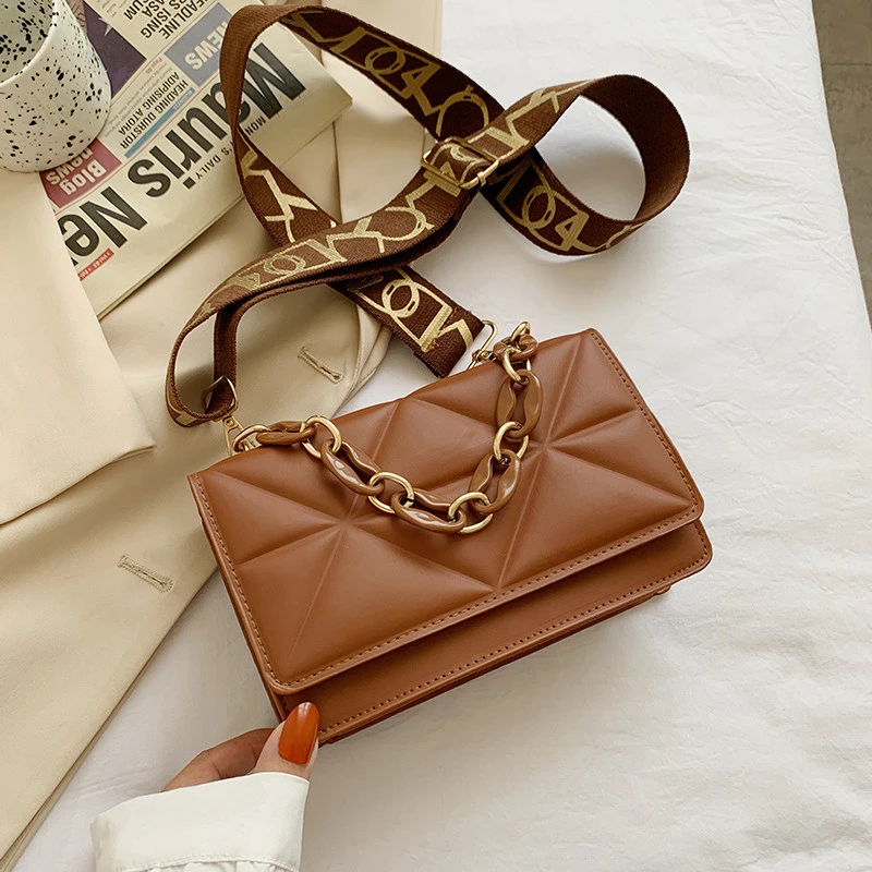 

Messenger Shoulder Chain Fashion Bag New Women Leather Embossed Strap Bag Wide Crossbody Purse Handbags Luxury Square Bag Small