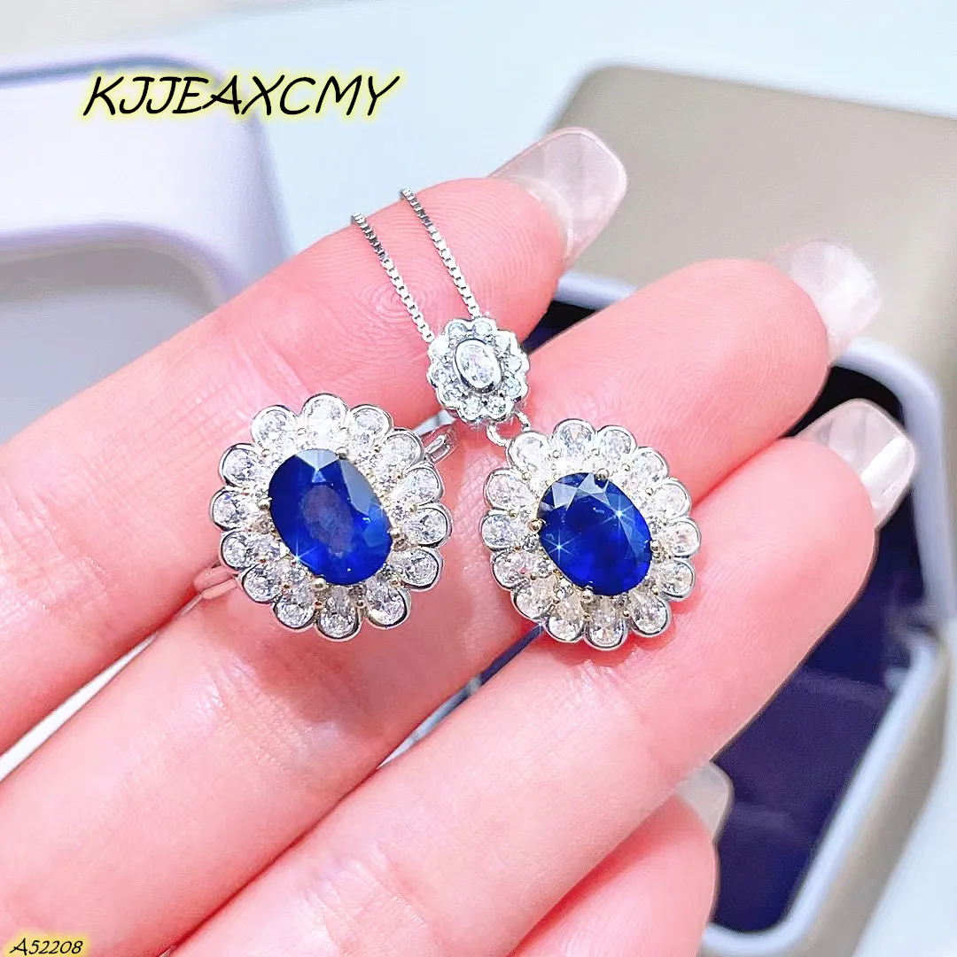 Fine Jewelry Ladies Ring Pendant + Necklace Two Piece Set 925 Sterling Silver Natural Gem Sapphire Christmas Gift Bridal Birthda