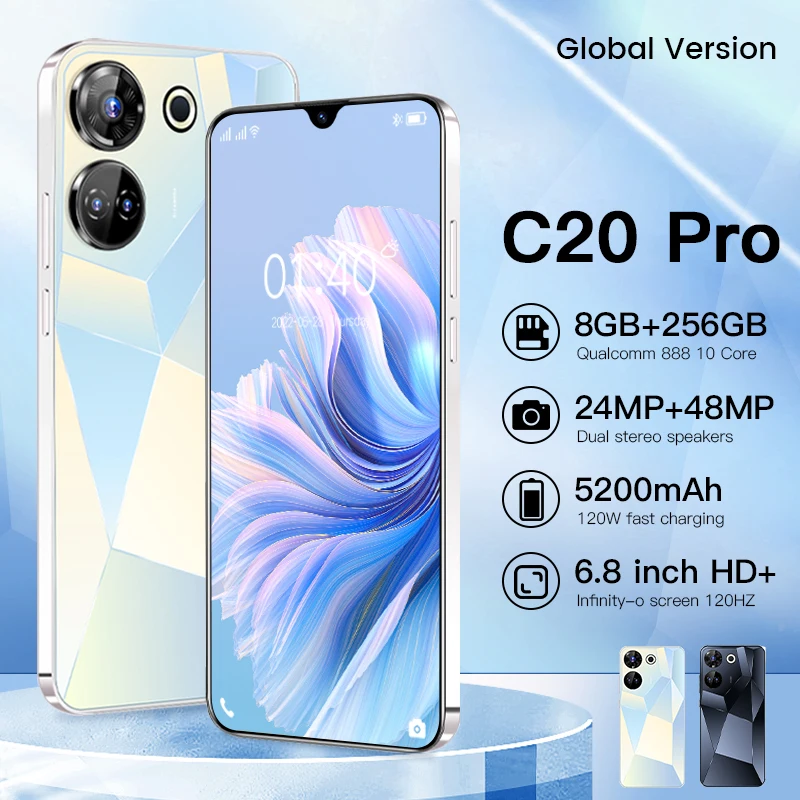 

Smartphone C20 Pro Global Version Android Cellphone 8GB+256GB cell phones 6.8inch Dual SIM Mobile Phone 5200mah