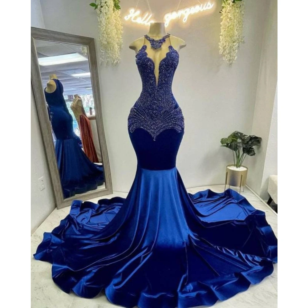 Купи Navy Blue Mermaid Prom Dresses Luxury Beads Sheer Neck Sleeveless Evening Gowns Sexy Floor Length Formal Celebrity Party Wear за 11,695 рублей в магазине AliExpress
