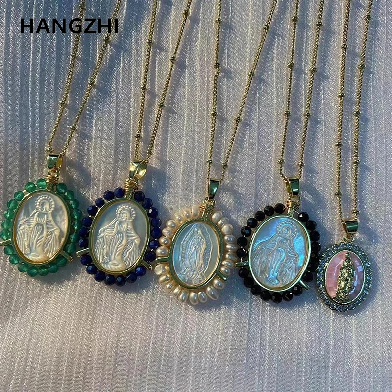 Модное овальное ожерелье из морской ракушки Подвески «Дева Мария» Для женщин ожерелье с религиозным пресноводным жемчугом Ювелирные изделия