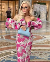 Jacquard Party Dress Women Rose Red Bodycon Dress Elegant Sexy Midi Off Shoulder Evening Club Outfits 2022 Summer New Fashion