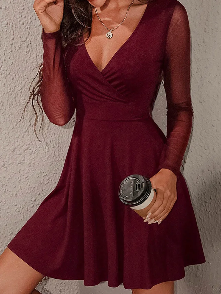 

Пикантное женское мини-платье с длинными сетчатыми рукавами, с запахом, V-образным вырезом, с глубоким V-образным вырезом, ТРАПЕЦИЕВИДНОЕ ПЛА...