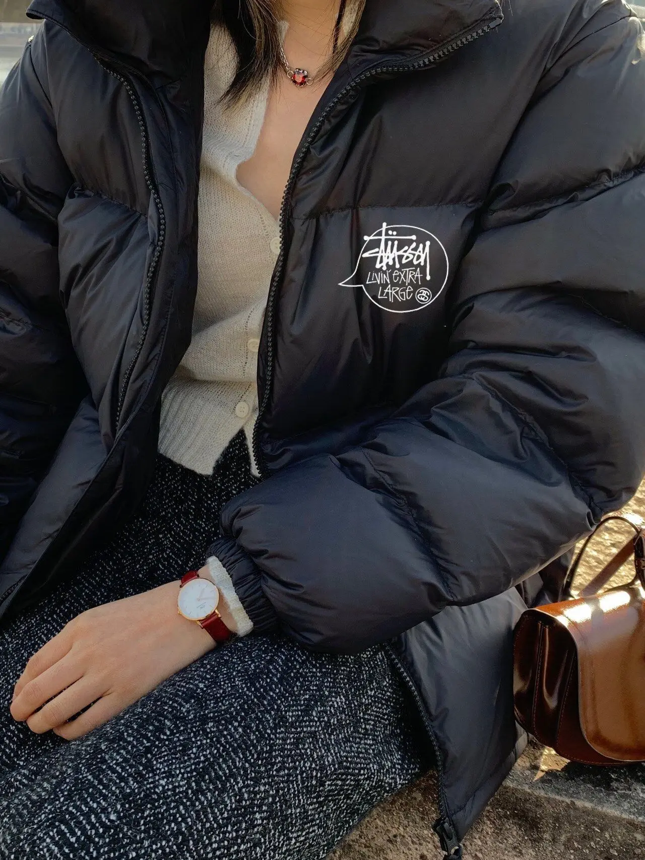 Stusey Зимняя свободная толстая куртка с двойной молнией пушистая теплая