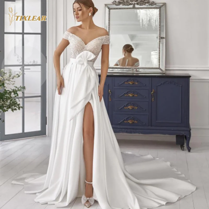 

Tixlear V-Neck Exquisite Wedding Dresses Women A line Off The Shoulder Button Satin Junior Girls Married Wear Bridal Gowns