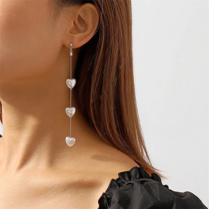 

France Heart Pearls Long Dangle Earring for Women Elegant New Fashion Ear Drop Jewelry Accessories Wholesale 2023 Gifts