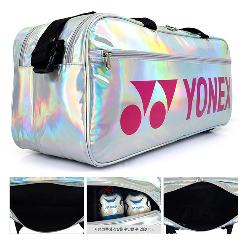 Original YONEX 2023 PVC Graffiti Sliver Laser Tennis Bag Waterproof Racket Backpack For 10 Badminton Raquet With Compartment