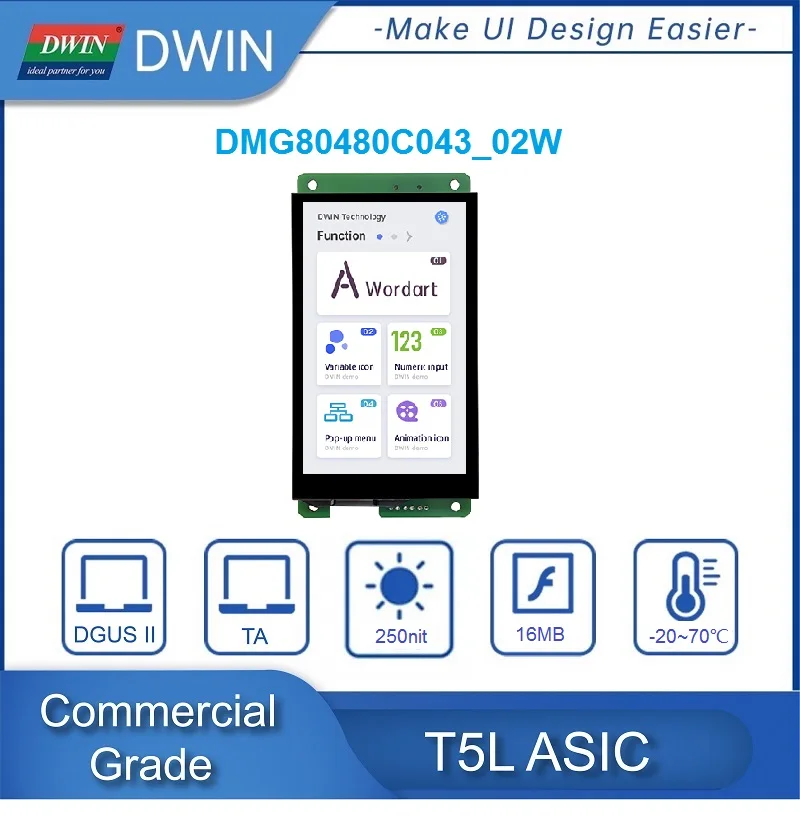 

Hot Sale DWIN 4.3 Inch 480*800 TFT Display Commercial Grade HMI Touch Screen IPS-TFT-LCD CTP/RTP TTL UART Port DMG80480C043_02W