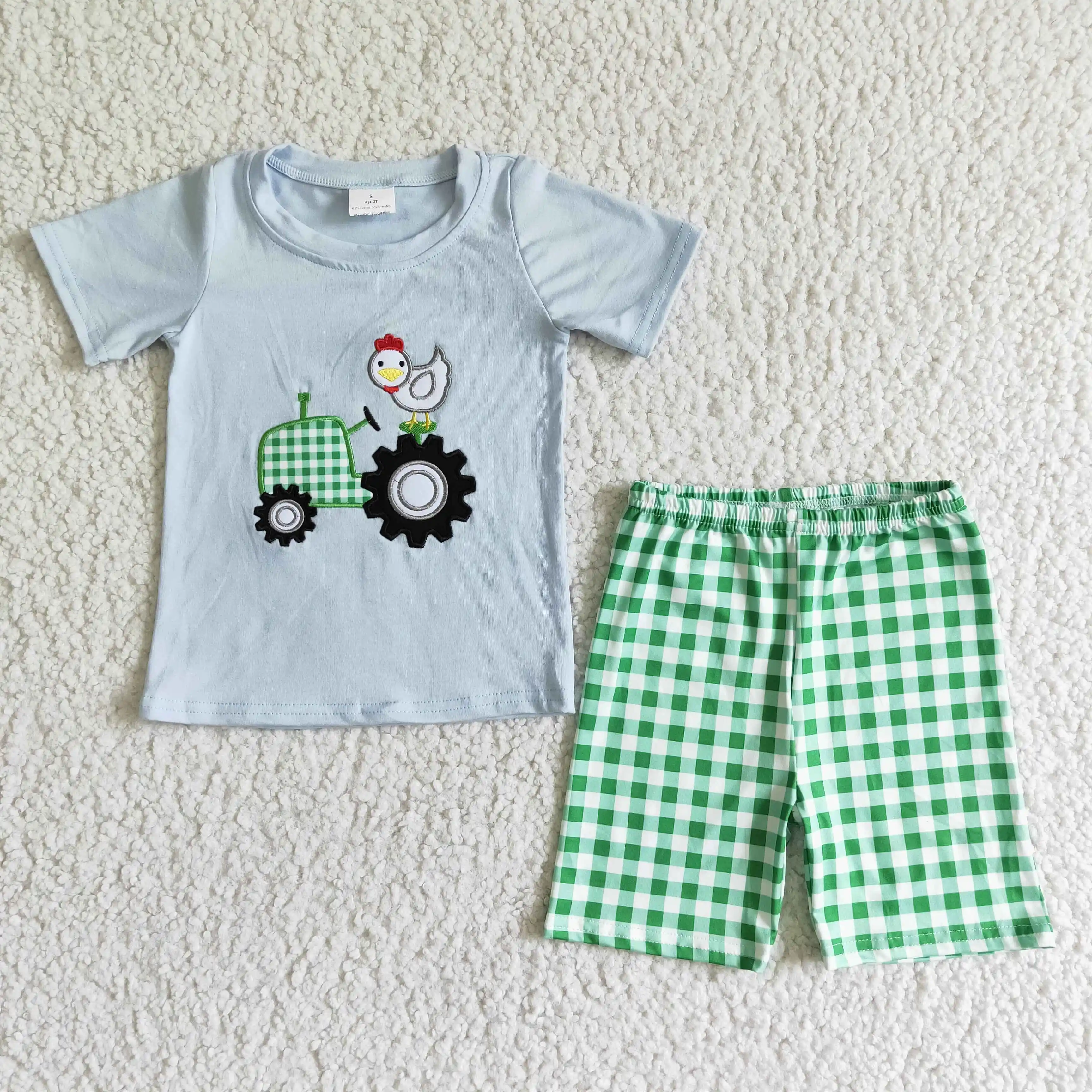 

Boutique kids summer clothing set embroidery tractor farm green plaid short set kids new design children clothes set