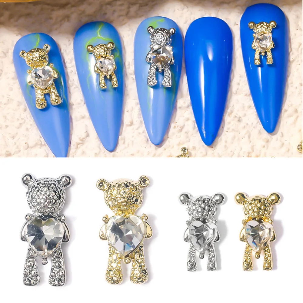 

20PCS Cartoon Gold & Silver Bow Bear Nail Charm Shining Pearl Crystal Hug Bear Nail Jewelry DIY Nail Charms Manicure Accessories
