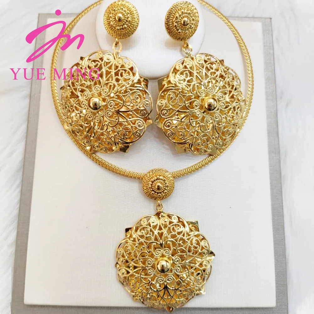 

YM Jewelry Set for Women Big Round Clip Earrings Hollow Out Flower Pendant Necklace Copper Fashion Jewelry Party Anniversary