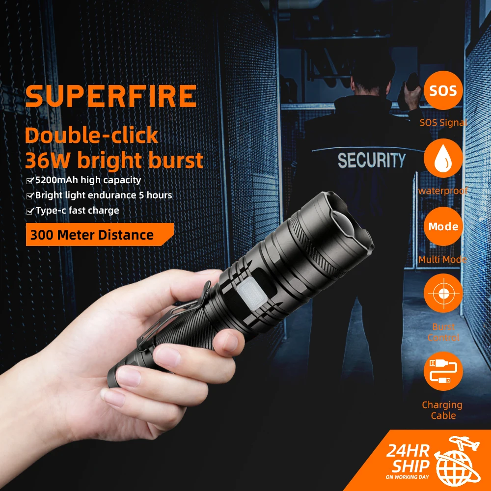 

SUPERFIRE V8-S Cree xhp90 2300 Lumens Powerful Led flashlight 36W 5 Modes Zoom Ultra Bright Torch Built in 5200mAh Battery