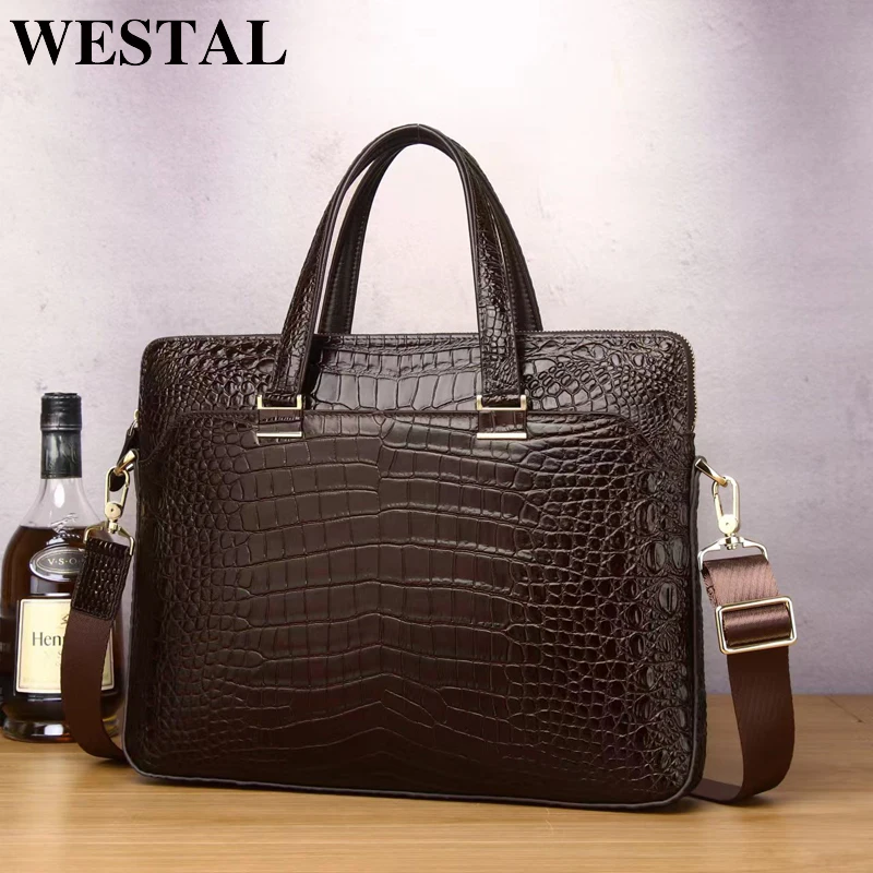 WESTAL Men's Leather Briefcases for 14 Laptop Croco Pattern Cowhide Leather Man Handbags Business Totes Big Shoulder Bags