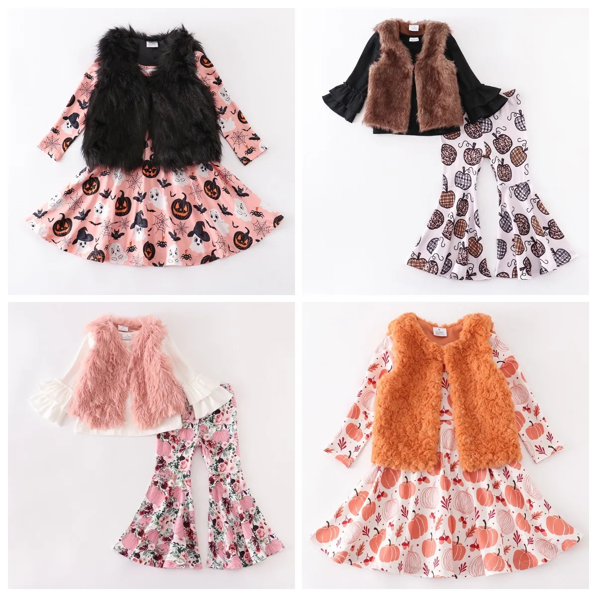 

Осень/Зима девочки девочка Девочка Хэллоуин Тыква призрак меховой жилет пальто молочное шелковое платье топ одежда Детский бутик брюки ком...