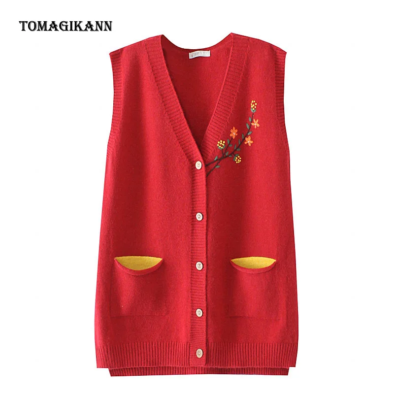 

Women Floral Embroidery Sweater Vest Vintage Autumn V Neck Sleeveless Pocket Knitting Sweater Cardigan Feminino Female Clothes